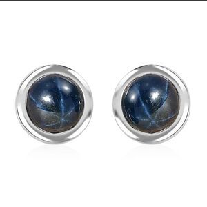 Blue Star Sapphire Solitaire Stud Earrings in Rhodium Sterling Silver